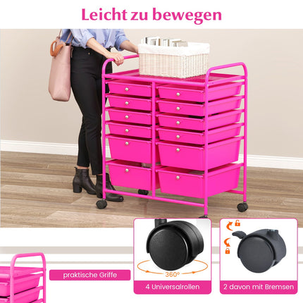 Mobiler Aufbewahrungswagen mit 12 Schubladen, Metallrahmen, Pink