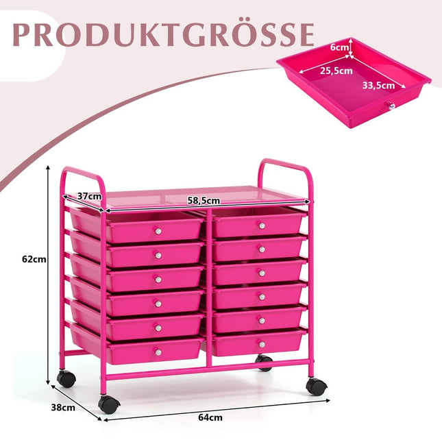 Rollcontainer mit 12 stapelbaren Schubladen, Dunkelrosa