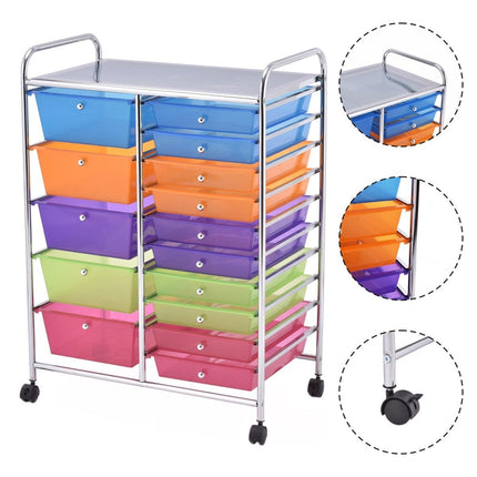 Rollcontainer mit 15 stapelbaren Schubladen, Metallrahmen