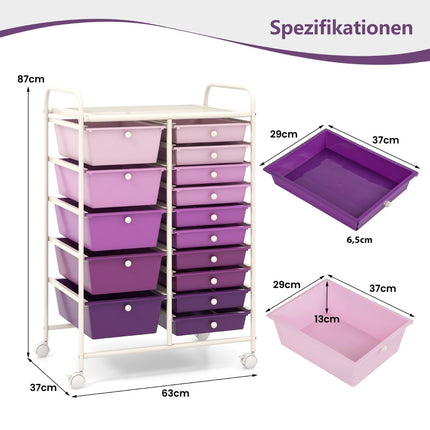 Mobile Storage Cart with 15 Stackable Drawers, Purple