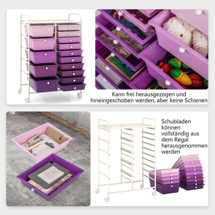 Mobile Storage Cart with 15 Stackable Drawers, Purple