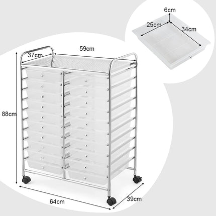 Mobile Storage Cart with 20 Drawers, Chrome Frame