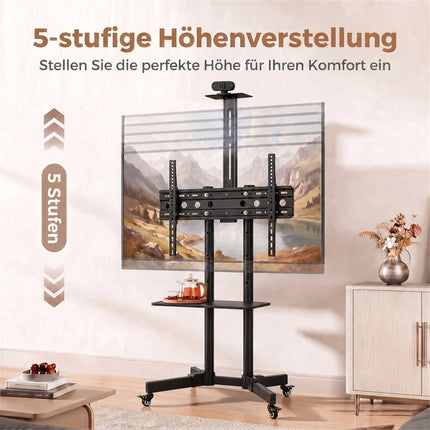 Mobile TV Stand on Wheels for 32-75 Inch TVs with Tilt, Height Adjustable, Black