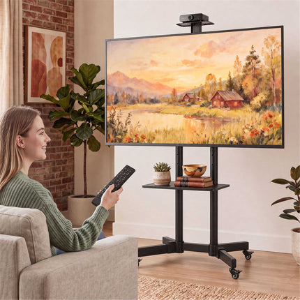 Mobile TV Stand on Wheels for 32-75 Inch TVs with Tilt, Height Adjustable, Black
