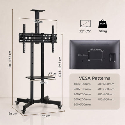Mobile TV Stand on Wheels for 32-75 Inch TVs with Tilt, Height Adjustable, Black