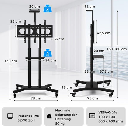 Mobiler TV-Ständer für 32-70 Zoll Fernseher bis 50 kg. Verstellbarer TV-Trolley mit Kameraablage