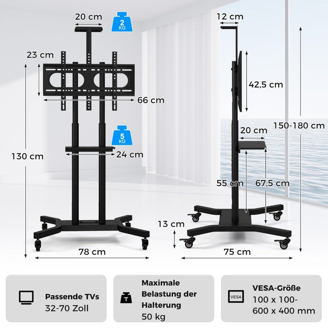 Mobiler TV-Ständer für 32-70 Zoll Fernseher bis 50 kg. Verstellbarer TV-Trolley mit Kameraablage