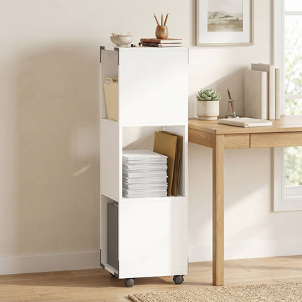 Mobile White File Cabinet with 3 Shelves and Printer Stand