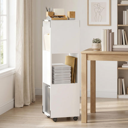Mobile White File Cabinet with 3 Shelves and Printer Stand