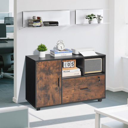 Mobile Wood File Cabinet With Lock, Shelves, Printer Top