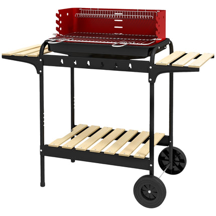 Mobiler Holzkohlegrill aus Metall mit Rädern und Holzablage