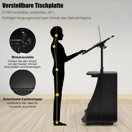 Mobiles Stehpult mit neigbarer Tischplatte &amp; offenen Fächern Höhenverstellbares Rednerpult Schwarz