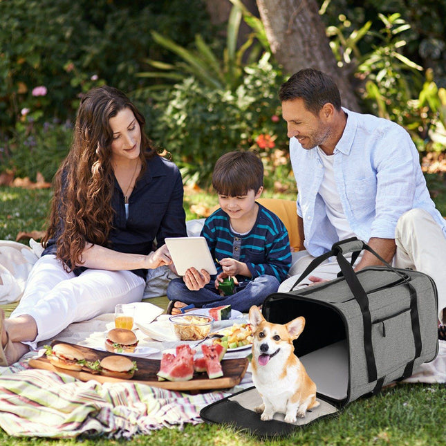 Mobile transport box with telescopic handle & wheels & small bag for cats, dogs, grey
