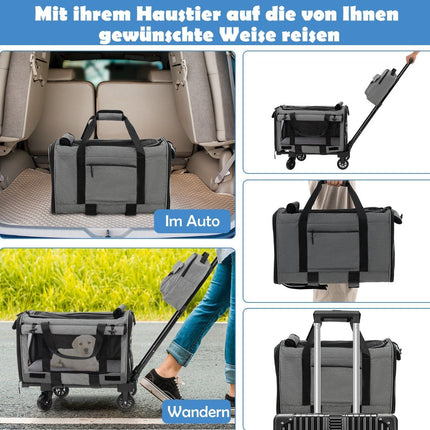 Cage de transport mobile avec poignée télescopique, roulettes et petit sac pour chats et chiens, gris