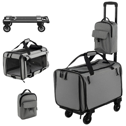 Cage de transport mobile avec poignée télescopique, roulettes et petit sac pour chats et chiens, gris