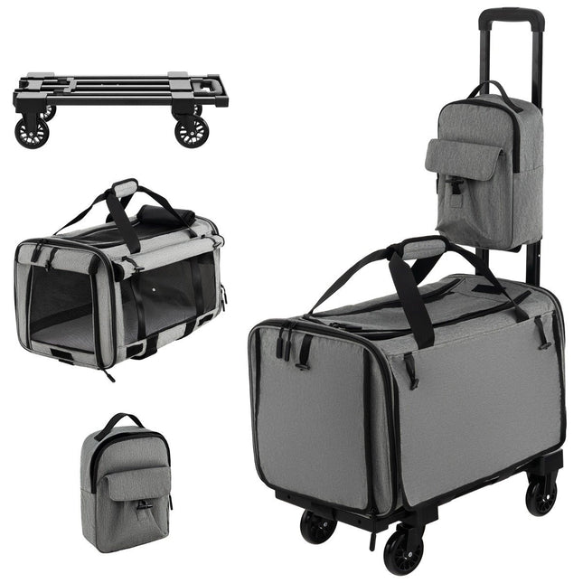 Mobile transport box with telescopic handle & wheels & small bag for cats, dogs, grey