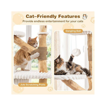 Modern 41 Inch Cat Tower with Real Wood Branches, Scratching Posts, Beige