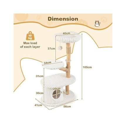 Modern 41 Inch Cat Tower with Real Wood Branches, Scratching Posts, Beige