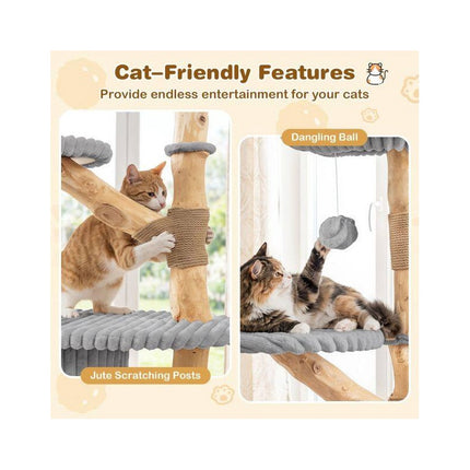Modern 41 Inch Cat Tower with Real Wood Branches, Scratching Posts, Grey