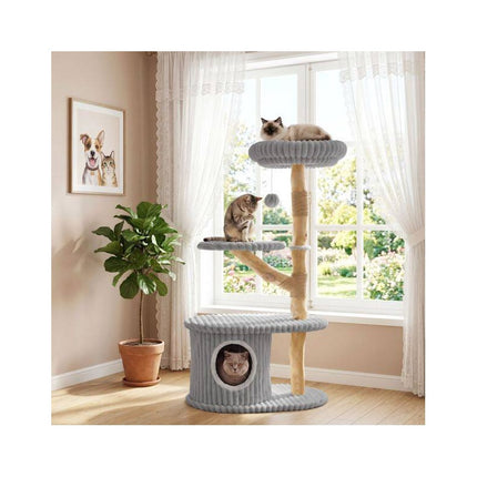 Modern 41 Inch Cat Tower with Real Wood Branches, Scratching Posts, Grey
