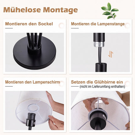 Moderne vloerlamp met 4 lampen, stoffen kappen en voetschakelaar.