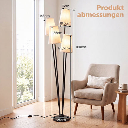Moderne vloerlamp met 4 lampen, stoffen kappen en voetschakelaar.