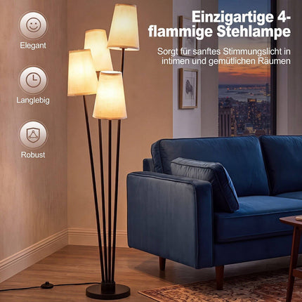 Moderne vloerlamp met 4 lampen, stoffen kappen en voetschakelaar.