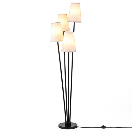 Moderne vloerlamp met 4 lampen, stoffen kappen en voetschakelaar.