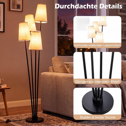 Moderne vloerlamp met 4 lampen, stoffen kappen en voetschakelaar.