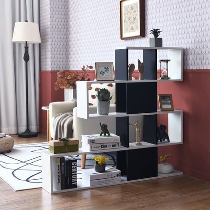 Moderner Raumteiler aus Holz im Leiterstil mit 5 Ebenen für Bücher, 120 x 19,5 x 109 cm, Schwarz und Weiß