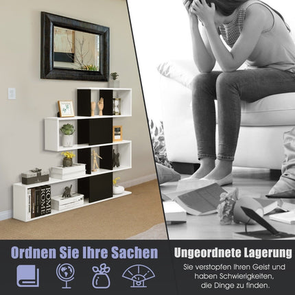 Moderner Raumteiler aus Holz im Leiterstil mit 5 Ebenen für Bücher, 120 x 19,5 x 109 cm, Schwarz und Weiß