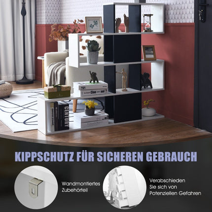 Moderner Raumteiler aus Holz im Leiterstil mit 5 Ebenen für Bücher, 120 x 19,5 x 109 cm, Schwarz und Weiß