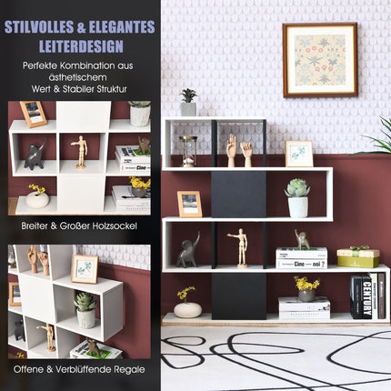 Moderner Raumteiler aus Holz im Leiterstil mit 5 Ebenen für Bücher, 120 x 19,5 x 109 cm, Schwarz und Weiß