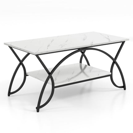 Modern Coffee Table, Faux Marble, 2-Tier, White/Black, 100x50x45 cm