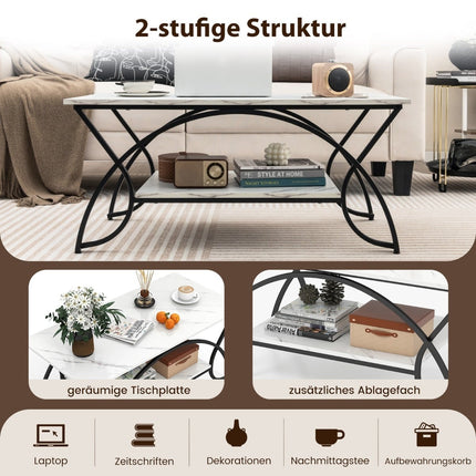 Modern Coffee Table, Faux Marble, 2-Tier, White/Black, 100x50x45 cm