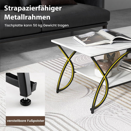 Modern Coffee Table, Faux Marble, 2-Tier, White/Black, 100x50x45 cm