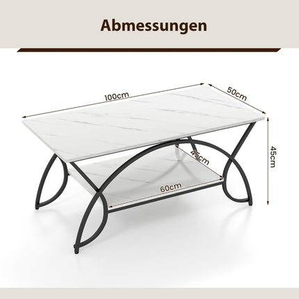 Modern Coffee Table, Faux Marble, 2-Tier, White/Black, 100x50x45 cm