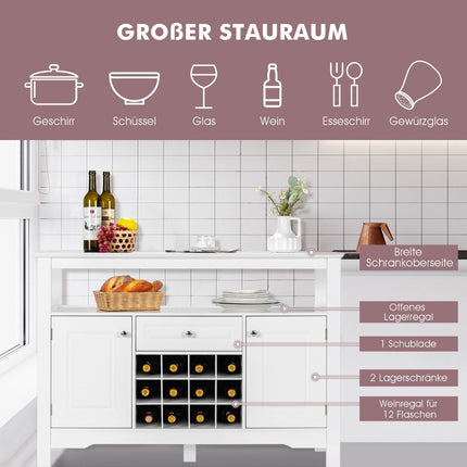 Modern Dining Room Buffet with Cross Shaped Wine Rack Open Shelf 2 Cabinets & Drawer White