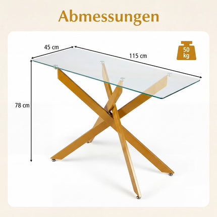 Moderner Glas-Konsolentisch mit goldenen Metallbeinen