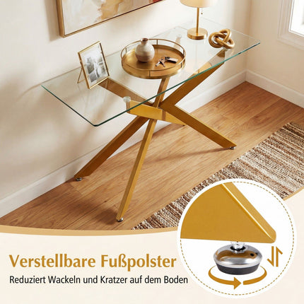Moderner Glas-Konsolentisch mit goldenen Metallbeinen