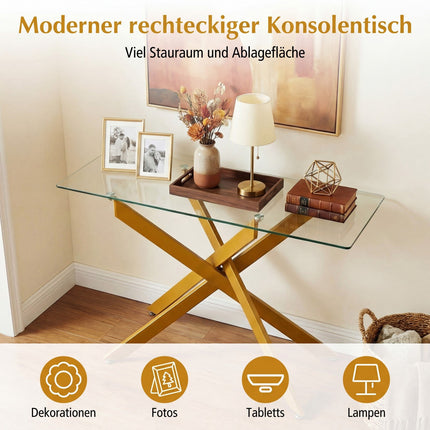 Moderner Glas-Konsolentisch mit goldenen Metallbeinen