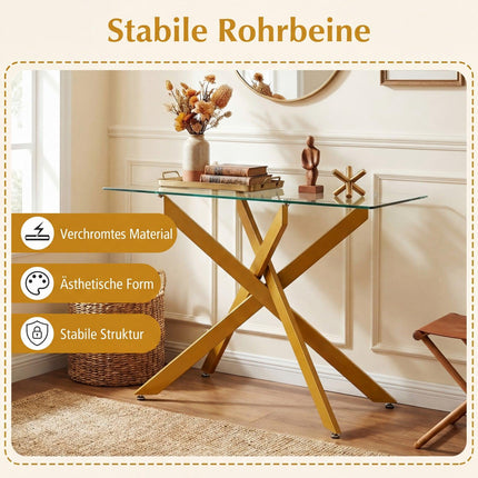 Moderner Glas-Konsolentisch mit goldenen Metallbeinen