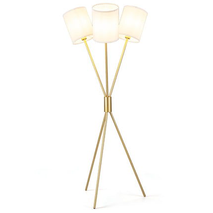 Moderne gouden driepoot vloerlamp met stoffen kappen