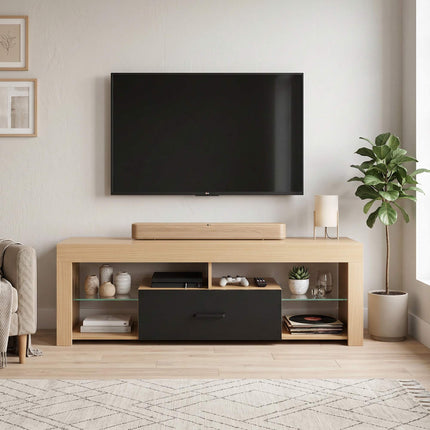 Modern Oak TV Stand with Adjustable Glass Shelves, 65-Inch