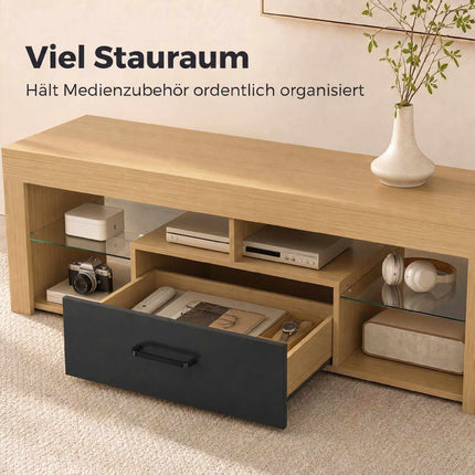 Modern Oak TV Stand with Adjustable Glass Shelves, 65-Inch