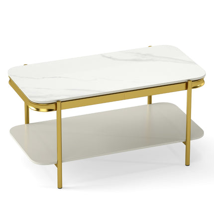 Modern White Coffee Table with Sintered Stone Top, Storage