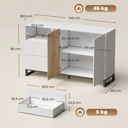 Modern White Sideboard with Soft-Close Doors, 140x40x85 cm