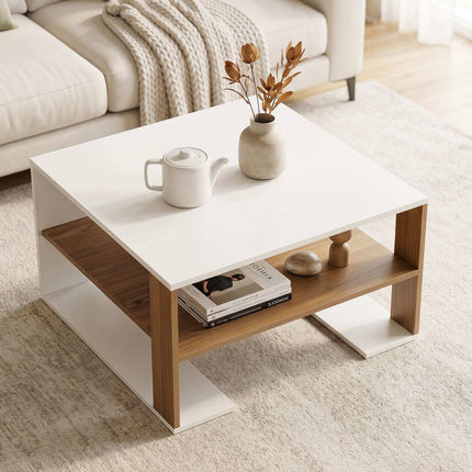 Modern White Square Coffee Table with Storage Shelf