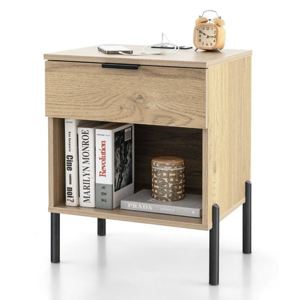 Modern bedside table with charging station & drawer & open compartment side table storage table