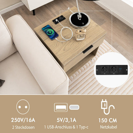 Modern bedside table with charging station & drawer & open compartment side table storage table